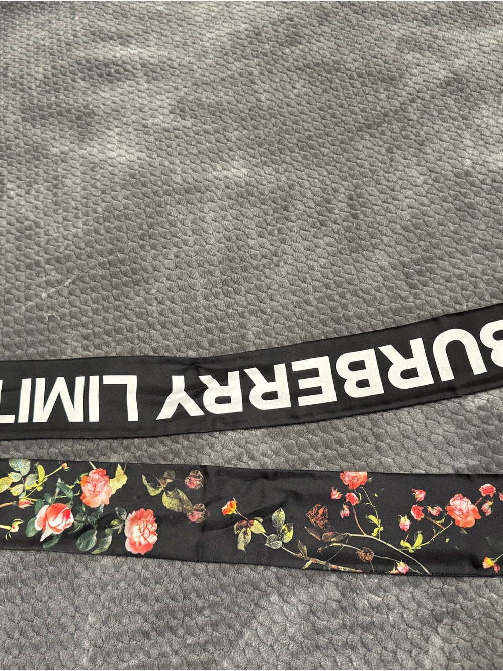 Burberry Black Floral-Print Silk Scarf with Logo Trim authentic